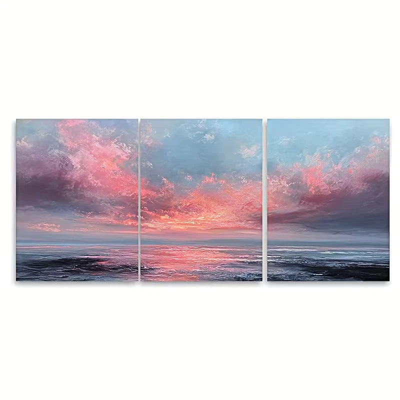 3pcs Pink Sky & Lake Landscape Coastal Metal Print Ready to Hang Art