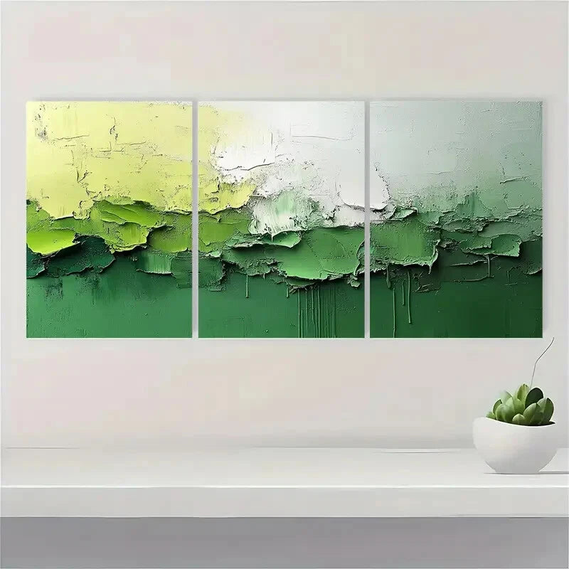 3pcs Abstract Painting Light Green and White Metal Print Ready to Hang Art - Bella Home Decor