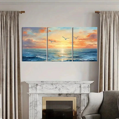3pcs Sunset Ocean Seagulls Sky Clouds Metal Print Ready to Hang Art - Bella Home Decor
