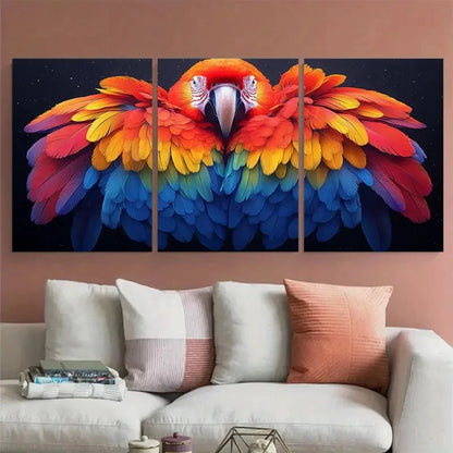 3pcs Scarlet Macaw Vibrant Rainbow Feathers  Wall Art Set Canvas Framed 40x60cm - High Quality Print 100% Australian Made Wall Canvas Ready to Hang