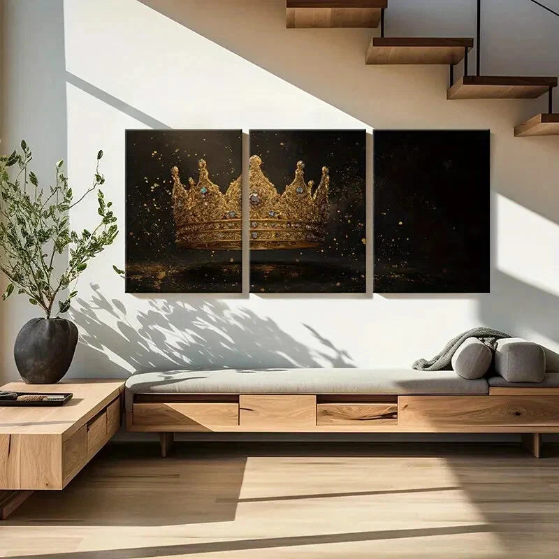 3pcs Golden Crown Jewels Royal Luxury Metal Print Ready to Hang Art - Bella Home Decor