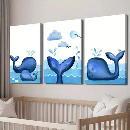 3pcs Blue Ocean Whale And Bird Decor Wall Art Set Canvas Unframed - High Quality Print 100% Australian Made Wall Canvas - Bella Home Decor