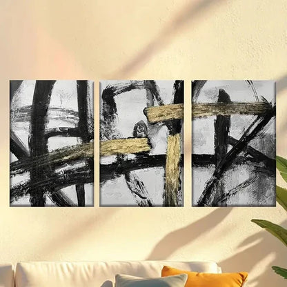 3pcs Painting with black & Golden paint strokes Wall Art Set Canvas Unframed - High Quality Print 100% Australian Made Wall Canvas