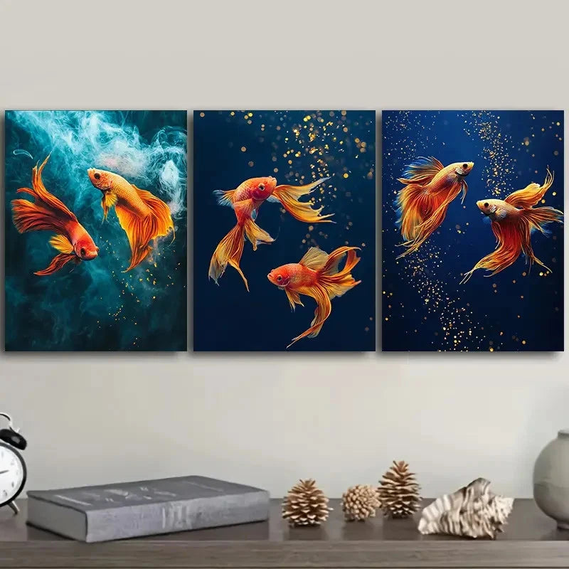 3pcs yellow betta fish Wall Art Set Canvas Framed 40x60cm - High Quality Print 100% Australian Made Wall Canvas Ready to Hang - Bella Home Decor