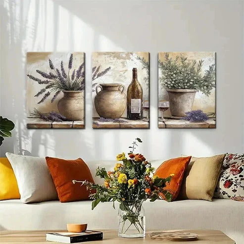 3pcs Lavender Wine Bottles in Earthen Perfect Wall Art Canvas Unframed - High Quality Print 100% Australian Made Wall Canvas
