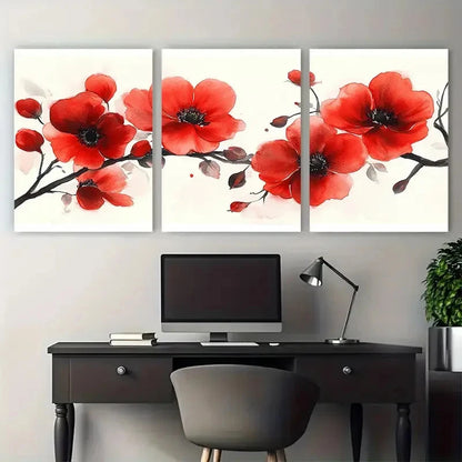 3pcs Elegant Blooming Red Floral Watercolor Wall Art Set Canvas Framed 40x60cm - High Quality Print 100% Australian Made Wall Canvas Ready to Hang - Bella Home Decor