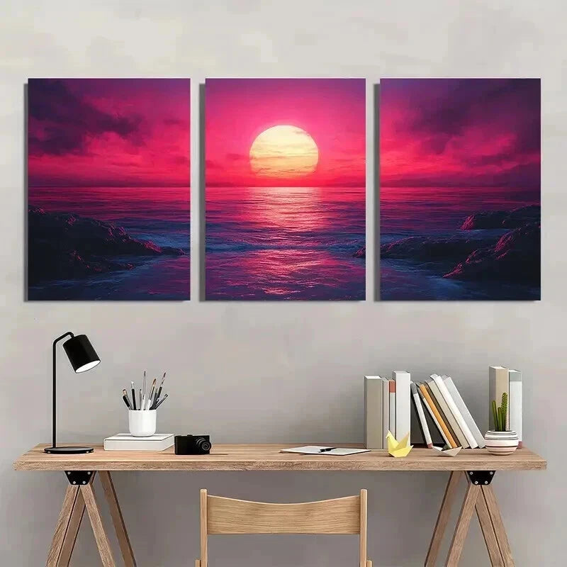 3pcs Vibrant Abstract Sunset in the Ocean Wall Art Set Canvas Framed 40x60cm - High Quality Print 100% Australian Made Wall Canvas Ready to Hang - Bella Home Decor