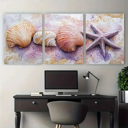 3pcs Delicate SeaShell Coral Starfish Illustration Metal Print Ready to Hang Art - Bella Home Decor