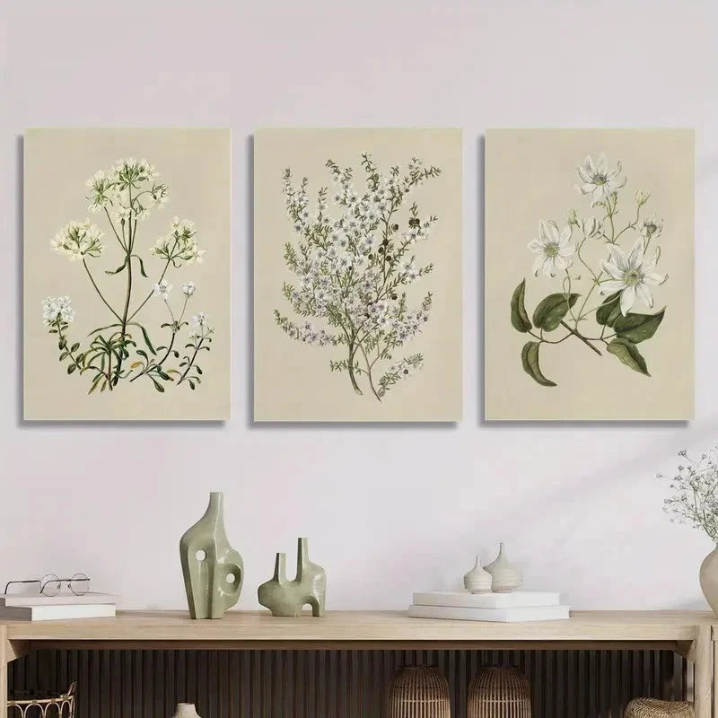 3pcs Botanical Art Painting Retro Flowers Plants Metal Print Ready to Hang Art - Bella Home Decor