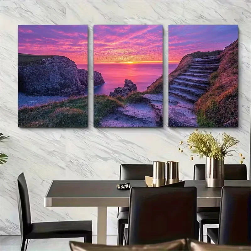 3pcs Vivid Cliff Steps & Ocean View Metal Print Ready to Hang Art
