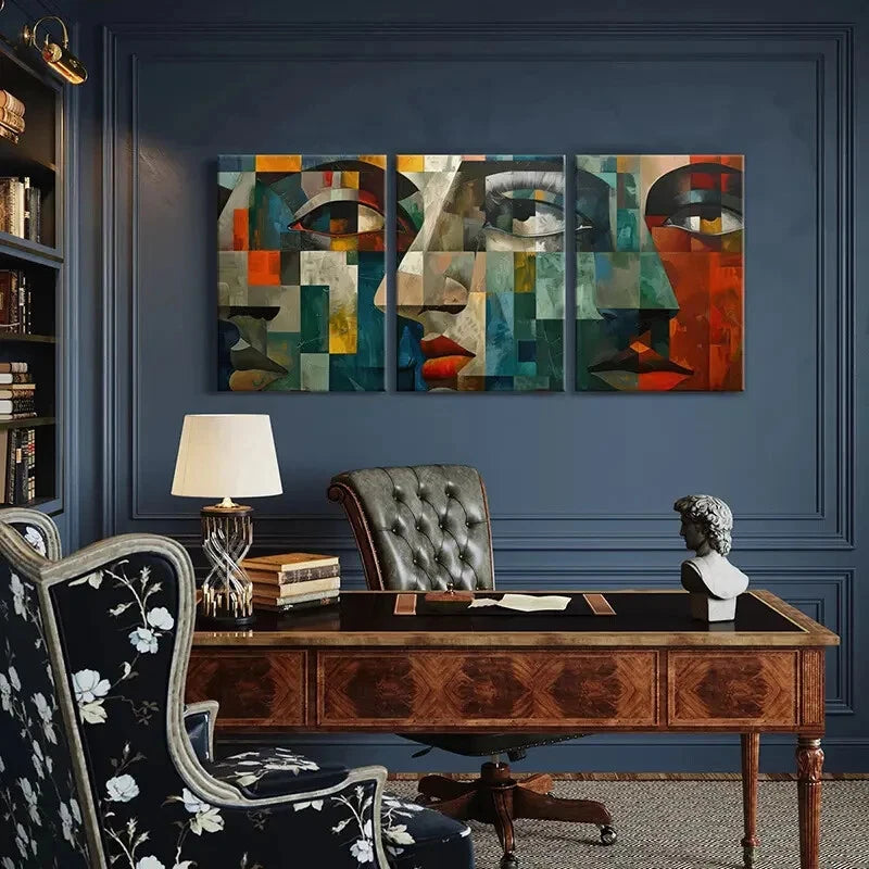 3pcs Set of Vibrant Color Abstract Geometric Face Metal Print Ready to Hang Art - Bella Home Decor