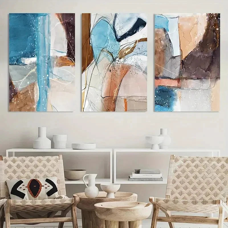 3pcs Vibrant Blue Orange & White Geometric Print Metal Print Ready to Hang Art - Bella Home Decor