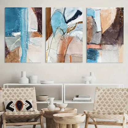 3pcs Vibrant Blue Orange & White Geometric Print Metal Print Ready to Hang Art - Bella Home Decor