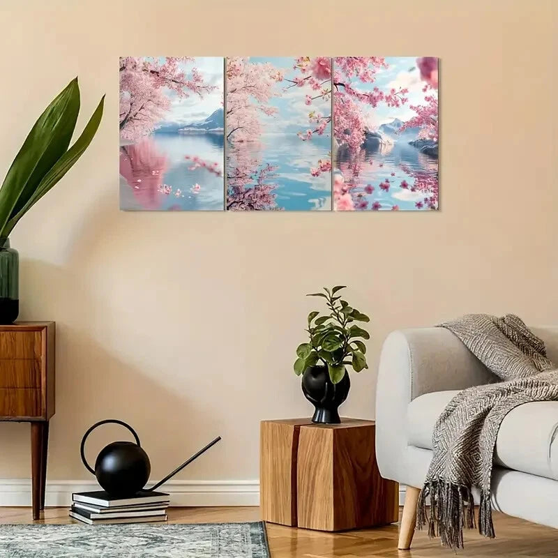 3pcs Combination of Cherry Blossoms And Lake Water Metal Print Ready to Hang Art - Bella Home Decor