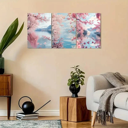 3pcs Combination of Cherry Blossoms And Lake Water Metal Print Ready to Hang Art - Bella Home Decor