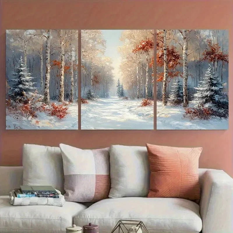 3pcs Winter Forest Snowy Landscape Birch Trees Metal Print Ready to Hang Art