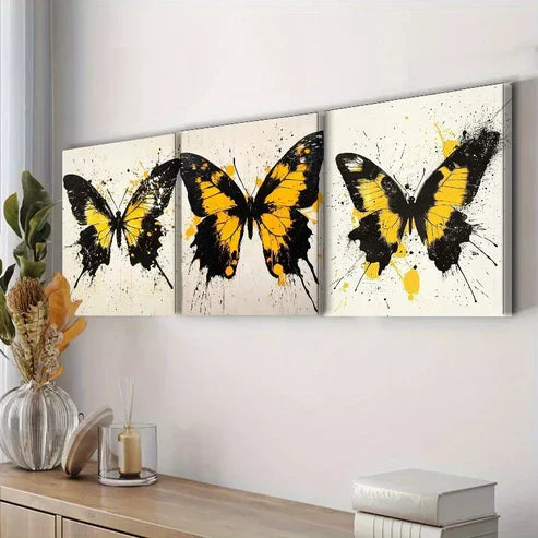 3pcs Black And Yellow Butterflies Colorful Wall Art Set Canvas Unframed - High Quality Print 100% Australian Made Wall Canvas - Bella Home Decor