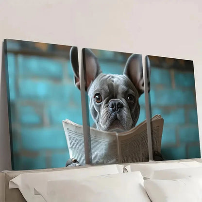 3pcs Humorous Dog Reading Newspaper ART Wall Art Set Canvas Framed 50x70cm - High Quality Print 100% Australian Made Wall Canvas Ready to Hang