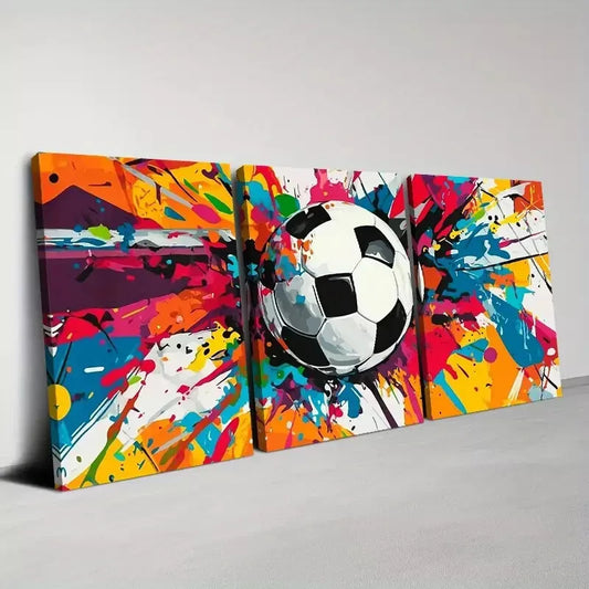 3pcs Colorful Soccer Ball with Dynamic Splashes Wall Art Set Canvas Framed 50x70cm - High Quality Print 100% Australian Made Wall Canvas Ready to Hang