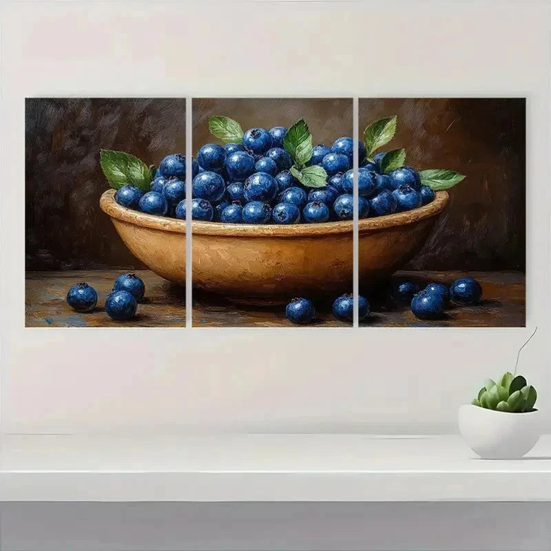 3pcs Blueberry Wooden Bowl Vibrant Perfect Wall Art Set Canvas Framed 40x60cm - High Quality Print 100% Australian Made Wall Canvas Ready to Hang - Bella Home Decor