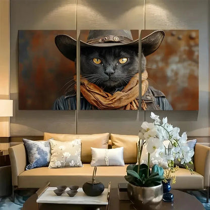 3pcs Black Cowboy Cat Western Metal Print Ready to Hang Art