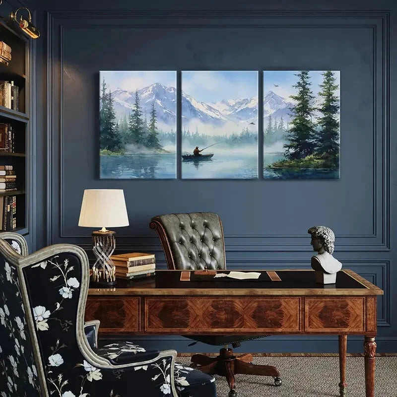 3pcs Alpine Lake Fishing Scene Tranquil Nature Metal Print Ready to Hang Art - Bella Home Decor