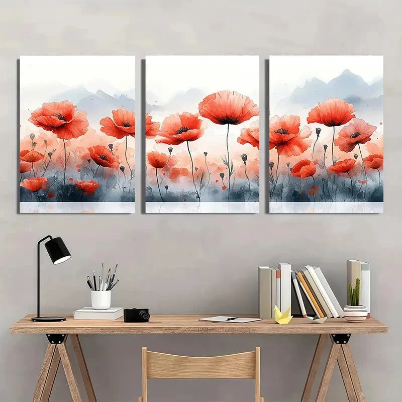 3pcs Vibrant Red Wildflowers & Mountain Landscape Metal Print Ready to Hang Art - Bella Home Decor