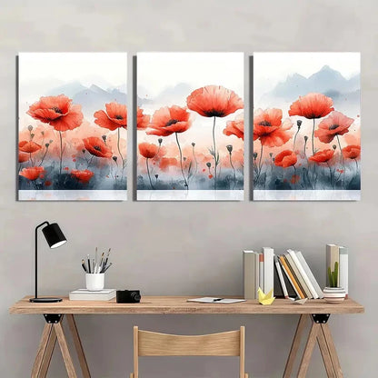 3pcs Vibrant Red Wildflowers & Mountain Landscape Metal Print Ready to Hang Art - Bella Home Decor