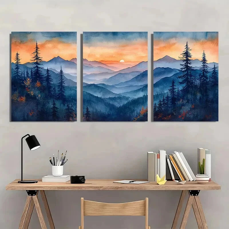3pcs Blue Roan Mountains Watercolor Art Metal Print Ready to Hang Art - Bella Home Decor