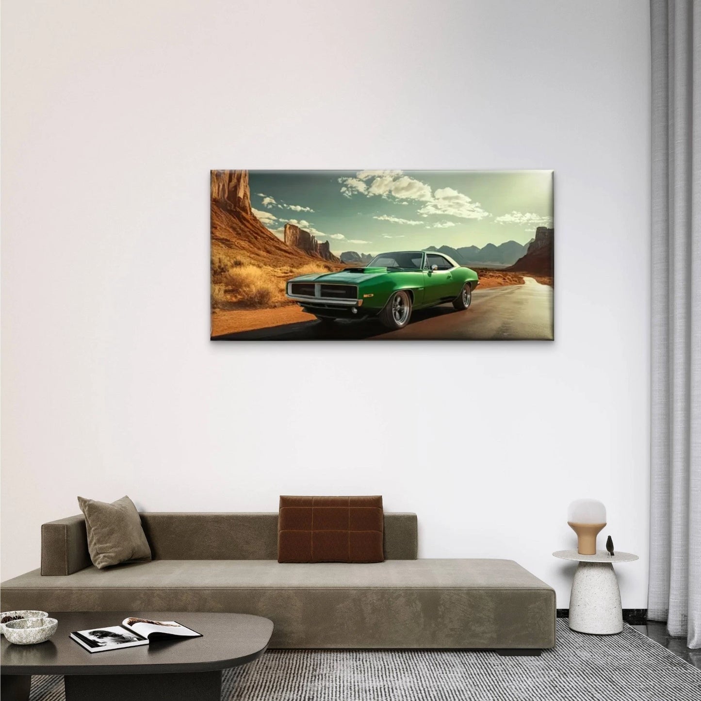 Green Car Drove Desert Road Wall Art Canvas Office Home Room Framed 120x60cm