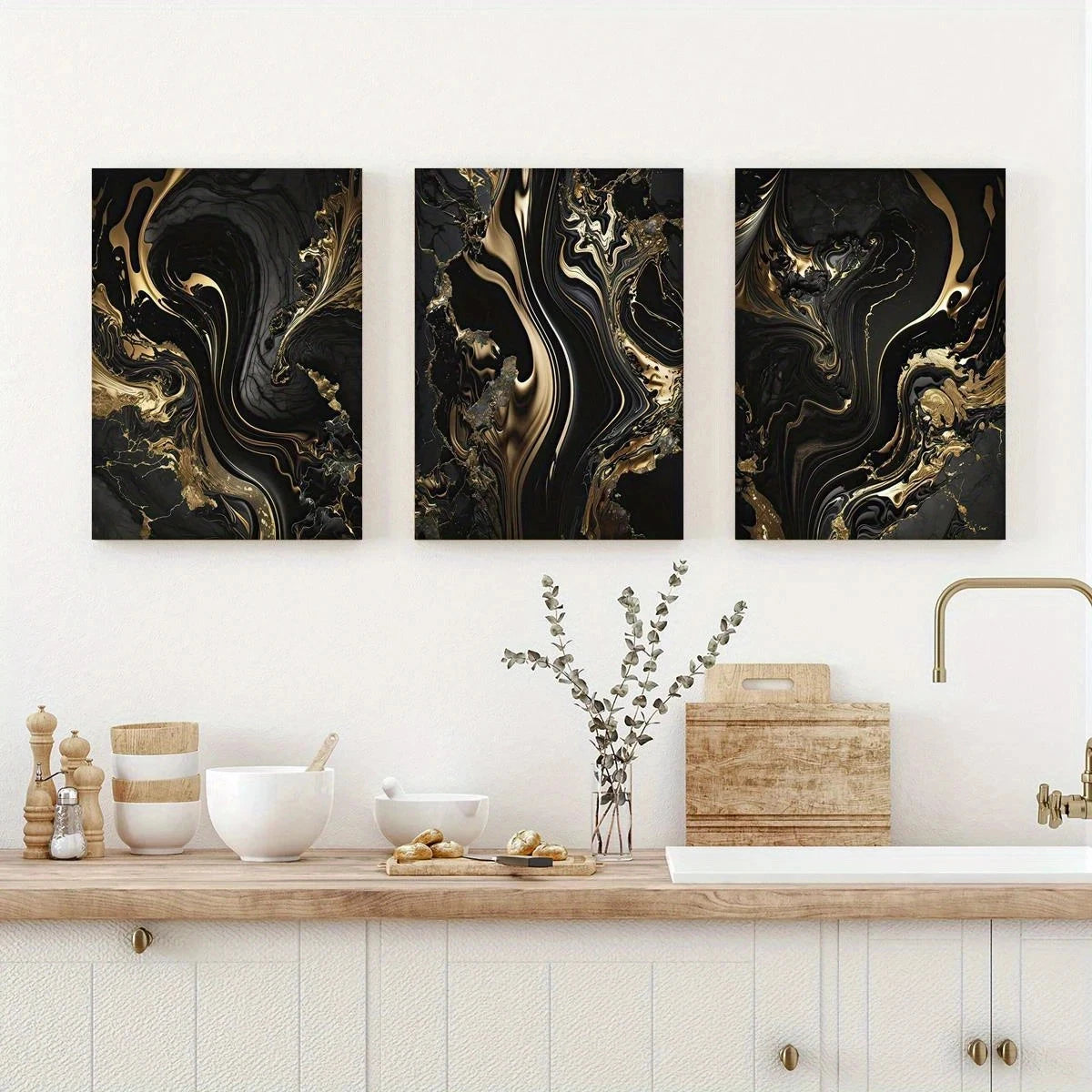 3pcs Black & Golden Marble Abstract Design Metal Print Ready to Hang Art - Bella Home Decor