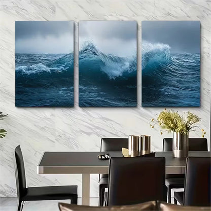 3pcs , Moody Ocean Waves Metal Print Ready to Hang Art - Bella Home Decor