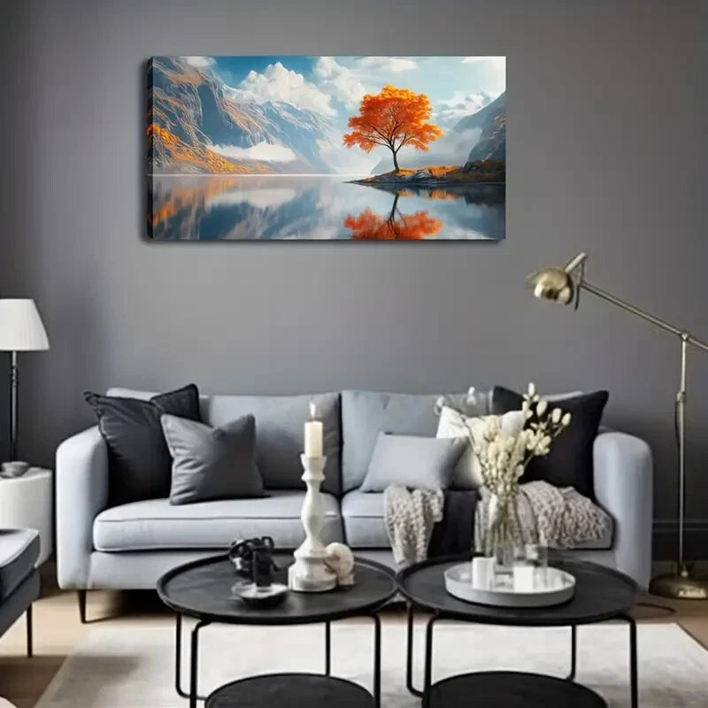 Vibrant Autumn Tree By Lake Wall Art Canvas Office Home Room Framed 120x60cm - Bella Home Decor