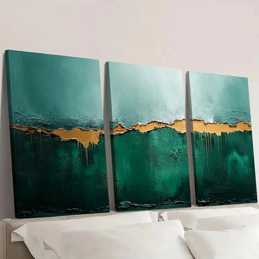 3pcs Dark Green & Golden Abstract Framed Wall Art Set Canvas Framed 50x70cm - High Quality Print 100% Australian Made Wall Canvas Ready to Hang