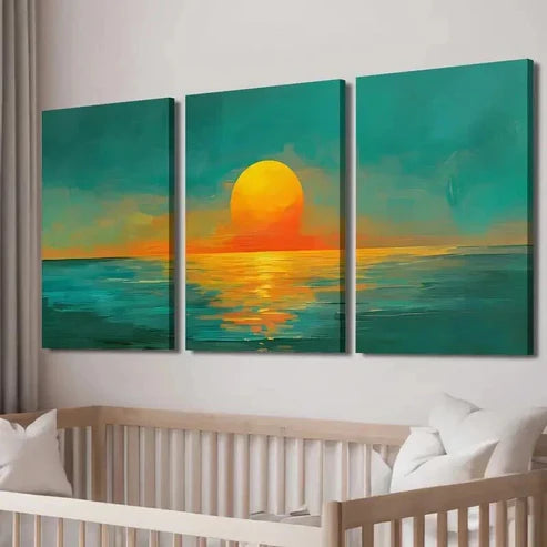 3pcs Bold Turquoise And Orange Sunset Wall Art Set Canvas Unframed - High Quality Print 100% Australian Made Wall Canvas - Bella Home Decor