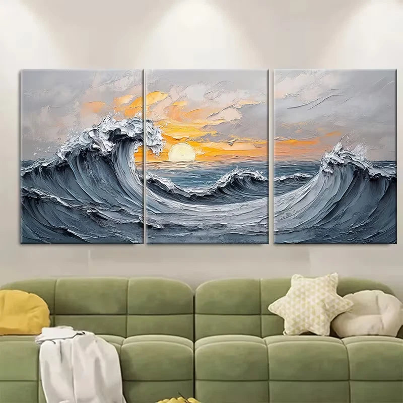3pcs Gray Ocean Wave Metal Print Ready to Hang Art - Bella Home Decor