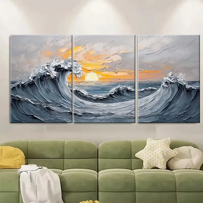 3pcs Gray Ocean Wave Metal Print Ready to Hang Art - Bella Home Decor