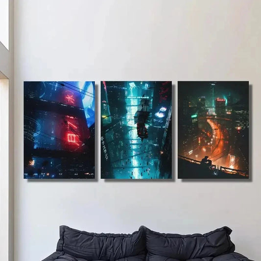 3pcs Cyberpunk city, sci-fi scene, Art Metal Print Ready to Hang Art