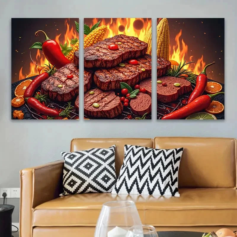 3pcs Grilled Steak With Peppers And Citrus Wall Art Set Canvas Framed 60x90cm - High Quality Print 100% Australian Made Wall Canvas Ready to Hang