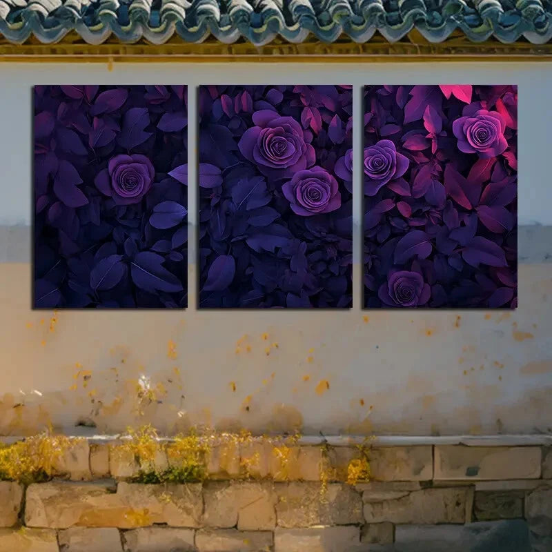 3pcs Purple Rose Dark Theme Illustration Metal Print Ready to Hang Art - Bella Home Decor