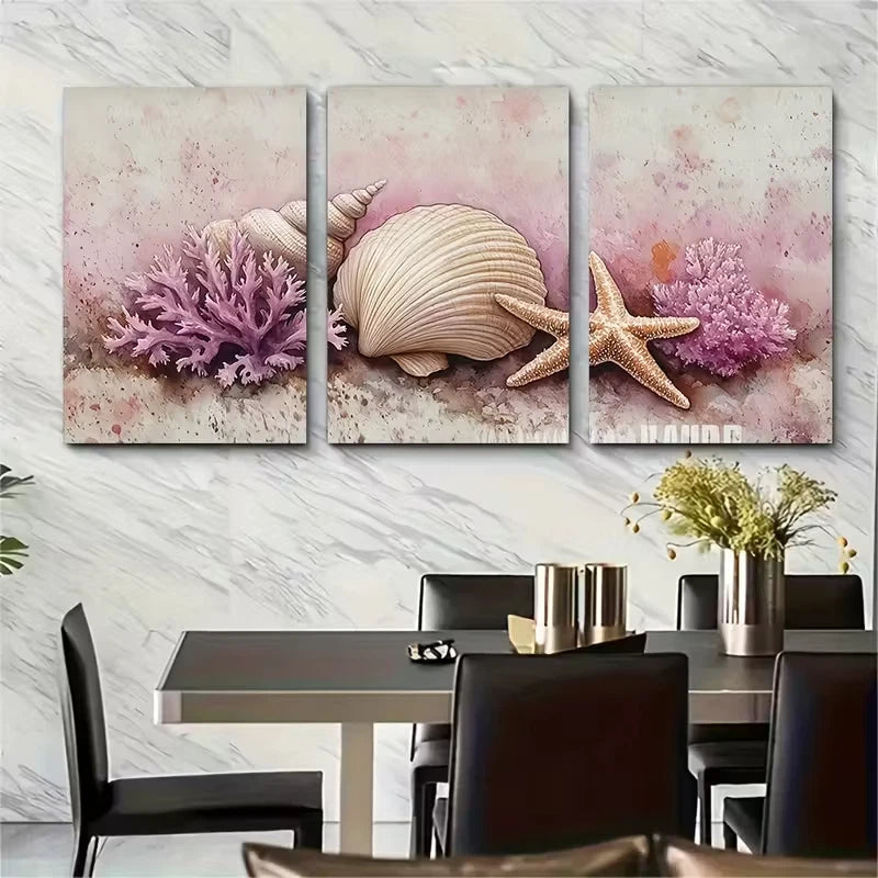 3pcs Sea Shell Coral Starfish Watercolor Metal Print Ready to Hang Art