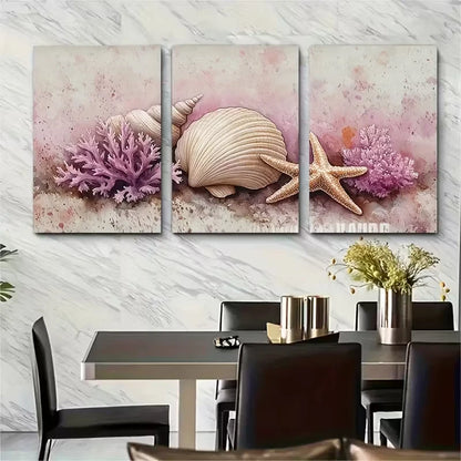 3pcs Sea Shell Coral Starfish Watercolor Metal Print Ready to Hang Art