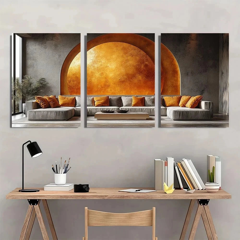 3pcs Golden Abstract Geometric Metal Print Ready to Hang Art