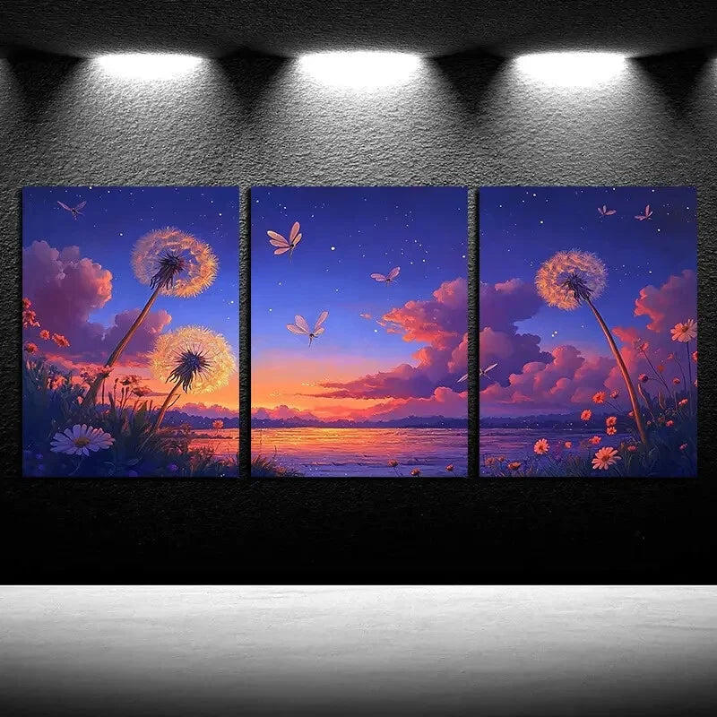 3pcs Vibrant Dandelion Sunset Nature-Themed Scene Metal Print Ready to Hang Art