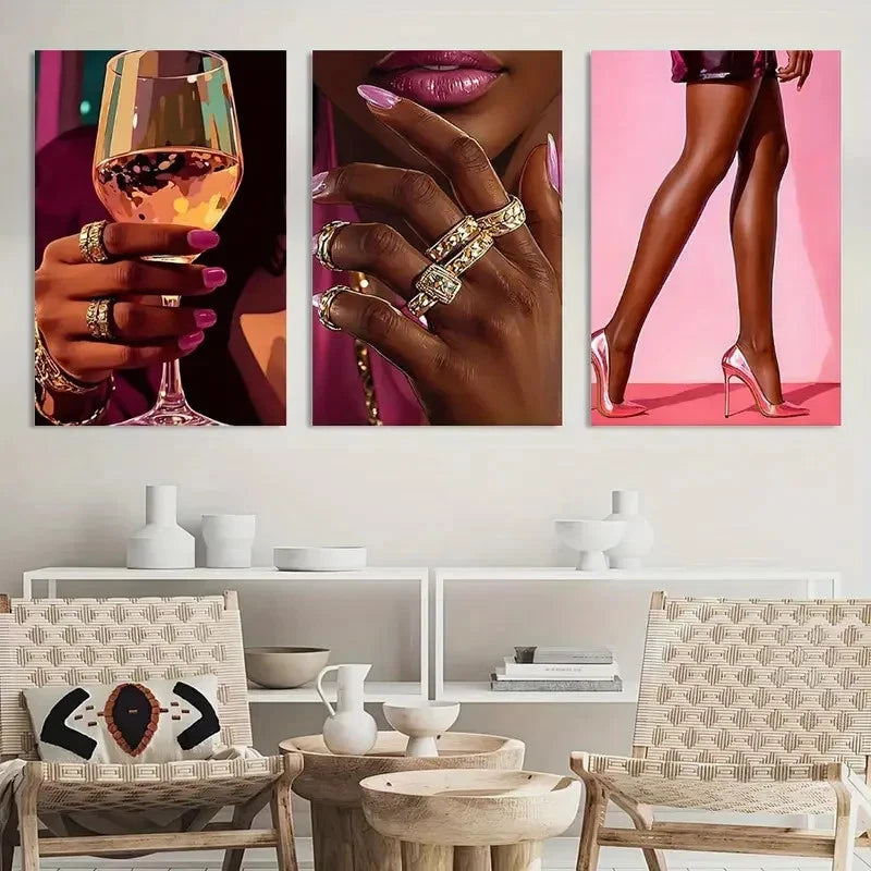 3pcs African American Women in Pink and Black Metal Print Ready to Hang Art - Bella Home Decor