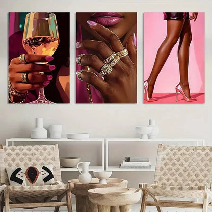 3pcs African American Women in Pink and Black Metal Print Ready to Hang Art - Bella Home Decor
