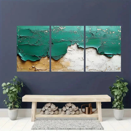 3pcs Abstract Green & White Textured Metal Print Ready to Hang Art - Bella Home Decor