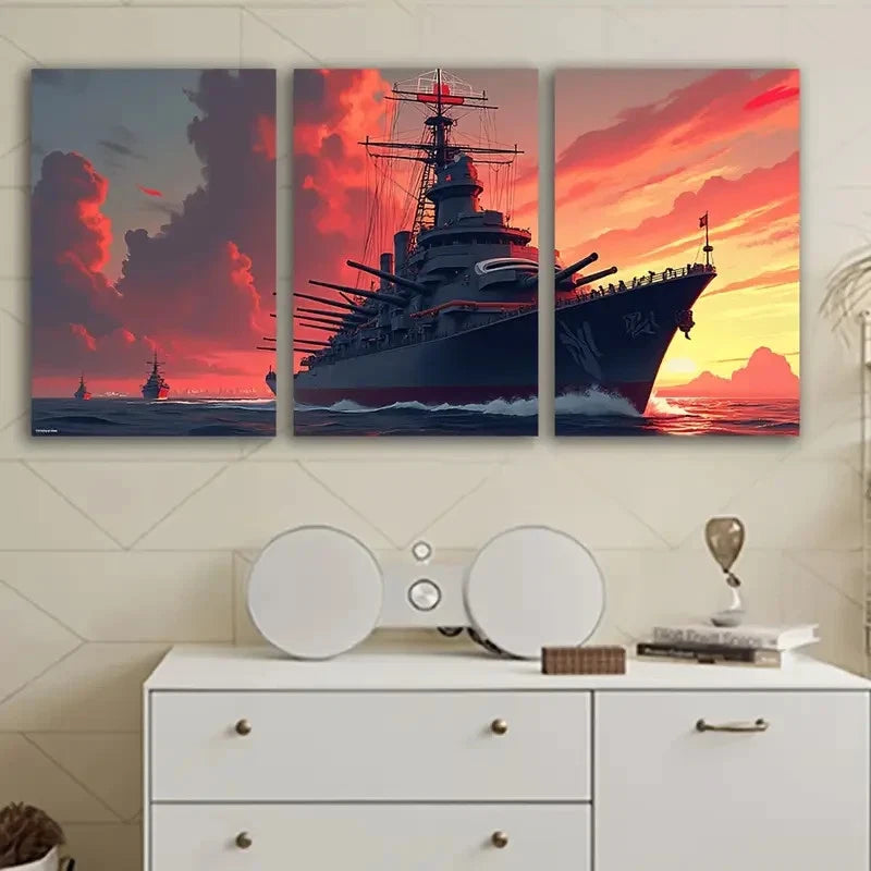 3pcs Warships At Sea Wall Art Set Canvas Framed 50x70cm - High Quality Print 100% Australian Made Wall Canvas Ready to Hang