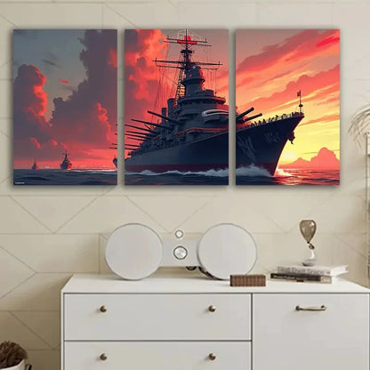 3pcs Warships At Sea Wall Art Set Canvas Framed 50x70cm - High Quality Print 100% Australian Made Wall Canvas Ready to Hang