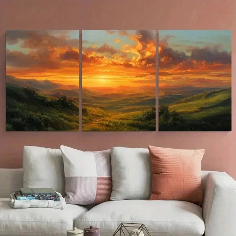 3pcs Golden Sunset Over Rolling Hills Perfect Wall Art Canvas Framed 60x90cm - Bella Home Decor